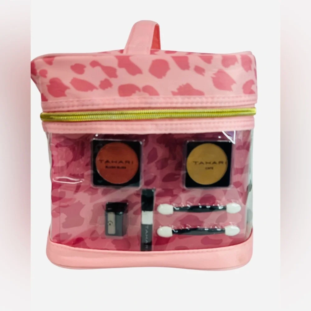 Tahari Train Case With Cosmetics Pink Leopard Print. Gift Included.